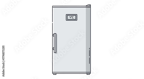 An isolated vector illustration of a modern, single-door upright freezer with a digital display, ideal for kitchen appliance concepts