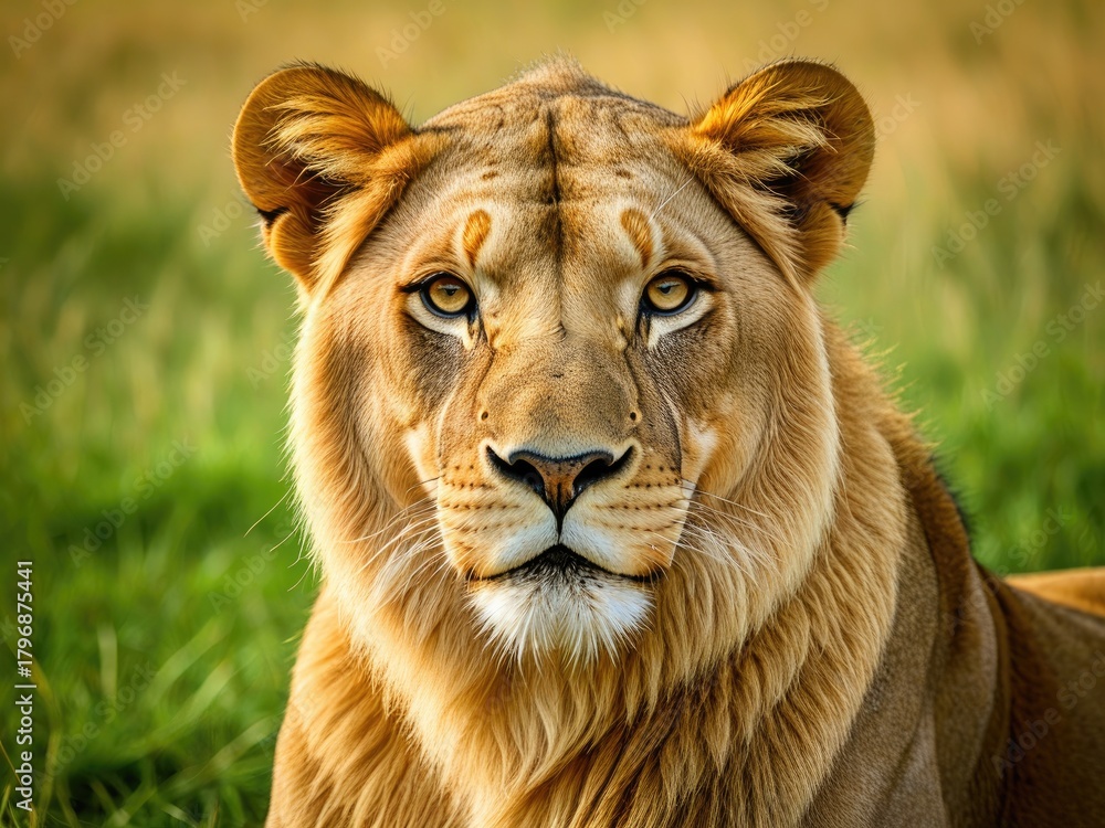 Obraz premium Majestic Lioness Portrait: Intense Gaze of African Wildlife in Golden Hour Light - Conservation & Safari