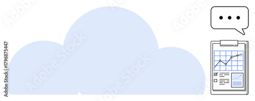 Large cloud with a clipboard featuring a graph and checklist, plus speech bubble. Ideal for technology, data management, communication, analysis, strategy, planning teamwork. Simple flat metaphor