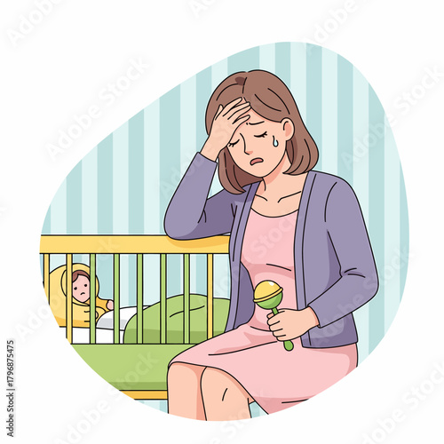 Overwhelmed Mother Suffering from Postpartum Stress, Anxiety, or Depression While Sitting Near Baby Crib.
