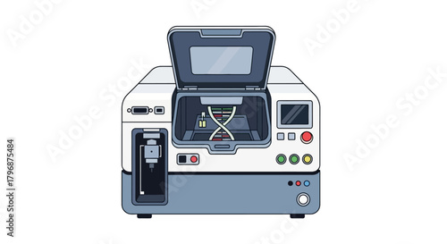 Scientific illustration of a modern gene sequencing machine used in biotechnology, medical diagnostics, and genetic research