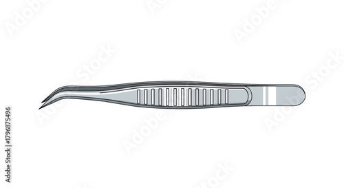 Detailed vector illustration of angled surgical forceps, a precision metal instrument used in medical procedures and scientific laboratories