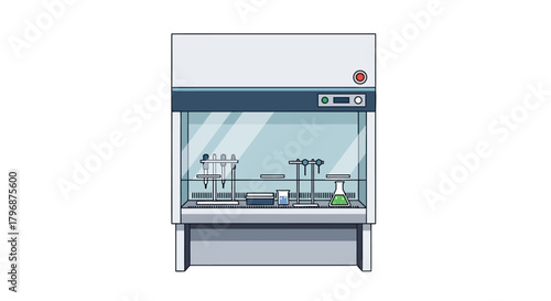 A modern laboratory fume hood with a ventilation system and various chemistry glassware, depicted in a clean flat vector illustration for scientific concepts