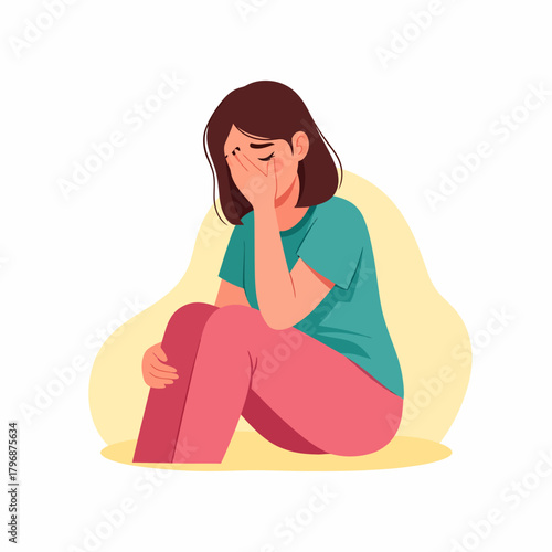 Sad Depressed Woman Crying Alone. Mental Health, Anxiety, Stress, and Loneliness Concept Illustration.
