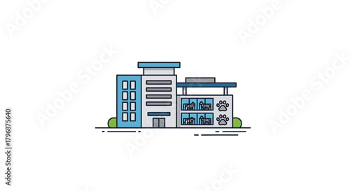 Vector illustration of a modern multi-story office building or residential apartment complex, depicted in a clean flat line icon style for architectural concepts