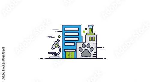 Concept of veterinary science and animal healthcare shown with a modern lab building, microscope, and paw print icon