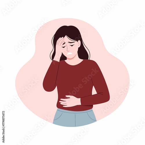 Woman Experiencing Headache and Abdominal Pain. Female Character Suffering from Malaise, Sickness, Stress, or PMS Symptoms like Migraine and Stomachache.