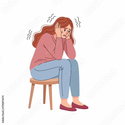 Woman covering ears, suffering from anxiety, panic attack, loud noise, or extreme stress. Mental distress concept illustration.
