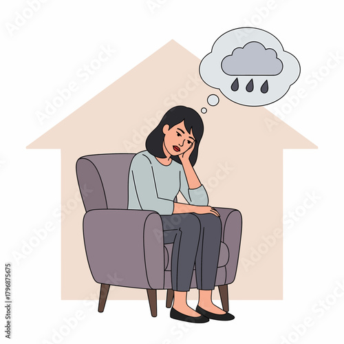 Sad Depressed Woman Sitting Alone at Home, Symbolic Rain Cloud Thought Bubble Representing Mental Health and Loneliness.