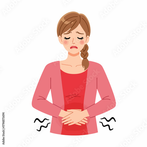 Woman suffering from stomach ache, abdominal pain, or menstrual cramps. Illustration of female discomfort and sickness.