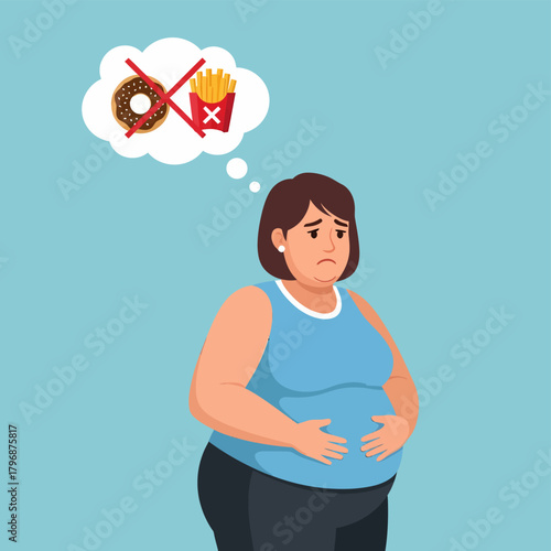 Overweight Woman Struggling with Diet and Weight Loss, Refusing Junk Food