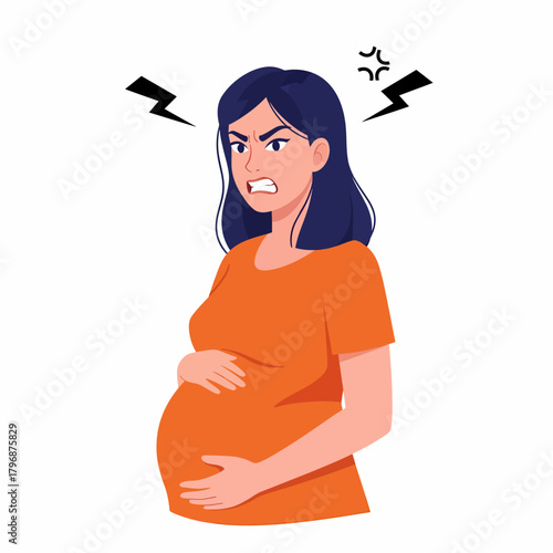 Angry pregnant woman having mood swings. Vector illustration of hormonal frustration and stress during pregnancy.