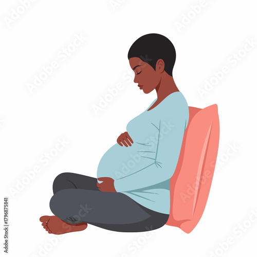 Expectant Black Woman Sitting Comfortably, Holding Her Pregnant Belly. Maternity Care and Motherhood Vector Illustration on White Background.