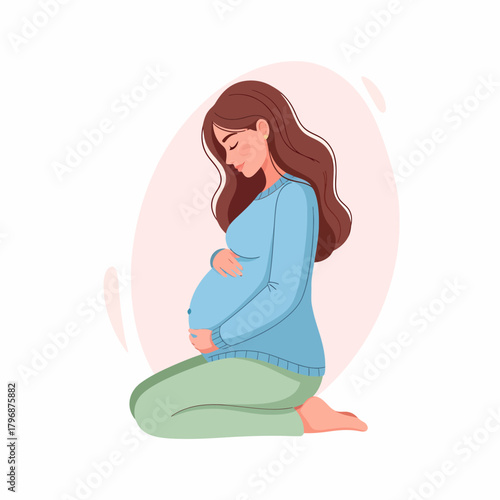 Peaceful Pregnant Woman Holding Belly. Motherhood and Pregnancy Care Illustration.