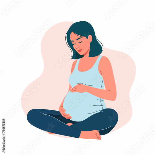 Happy Pregnant Woman Sitting and Holding Belly. Expectant Motherhood, Prenatal Health, and Maternity Wellness Concept.