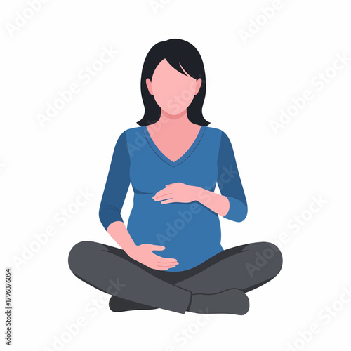 Pregnant woman sitting cross-legged, holding her belly. Flat vector illustration.