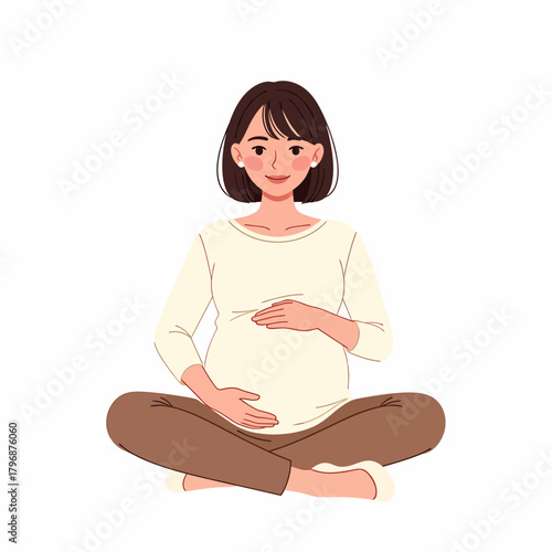 Happy pregnant woman sitting cross-legged and holding her baby bump. Expectant mother feeling love and anticipation, isolated vector illustration.
