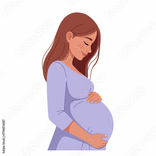 Serene Pregnant Woman Holding Baby Bump. Vector Illustration.