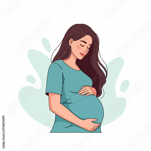 Beautiful Pregnant Woman Holding Her Belly. Vector Illustration of Motherhood, Expectation, and New Life.