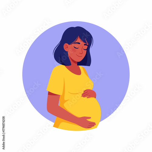 Happy Pregnant Woman Holding Belly. Expectant Motherhood Avatar Illustration.