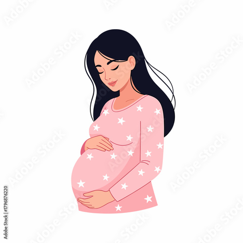 Beautiful Pregnant Woman Hugging Her Belly. Motherhood and Pregnancy Concept Vector Illustration.