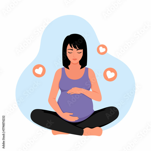 Pregnant Woman Sitting, Holding Belly. Prenatal Meditation and Wellbeing. Flat Illustration.