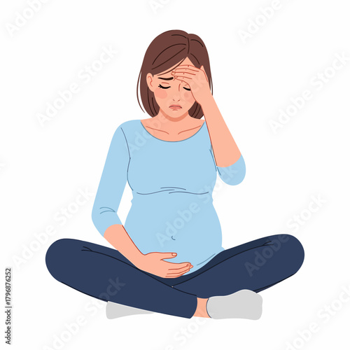 Pregnant woman suffering from headache and stress. Unwell expectant mother experiencing pain or discomfort during pregnancy.