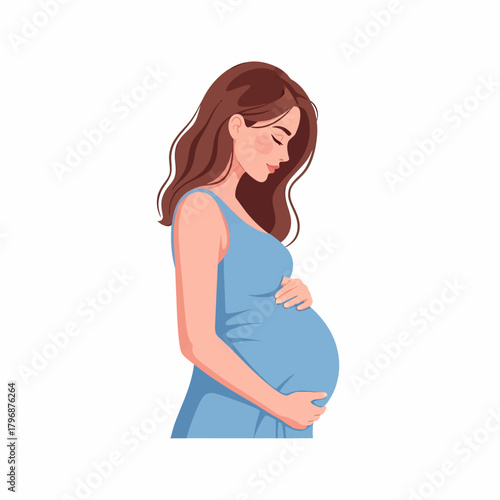 Beautiful Pregnant Woman Cradling Her Belly. Maternity and Prenatal Care Vector Illustration.