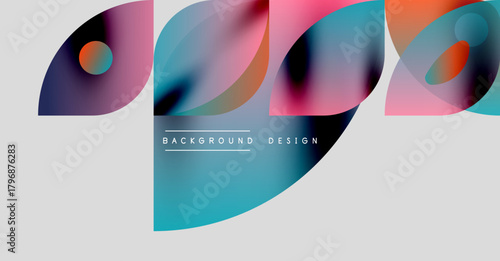 Abstract colorful shapes overlap, creating dynamic visual effect. Modern design elements suggest creativity, innovation. Background features gradients, text.