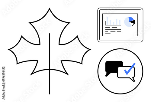 Leaf outline next to a tablet displaying analytics and chat bubbles with a checkmark. Ideal for nature, data visualization, communication, ecology, analysis, teamwork, minimalism themes. Clean