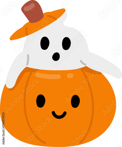 Cute ghost inside halloween pumpkin illustration