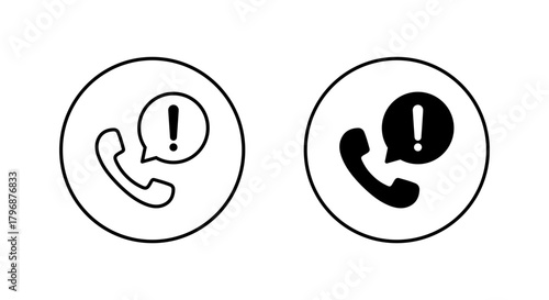 Phone call warning icon in circular outline. Telephone handset with exclamation mark in speech bubble symbol