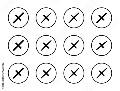 Cross mark icon set in circular outline. Error and cancel symbol. Wrong and X sign