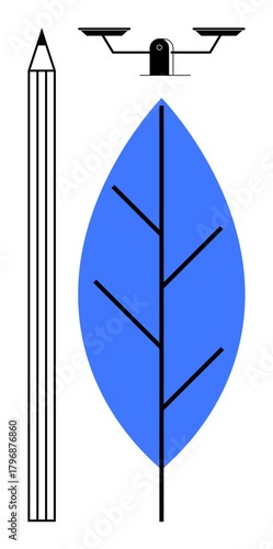 Vertical pencil, large blue leaf with veins, and minimalist balanced scale suggest harmony, creativity, sustainability, and fairness. Ideal for art, ecology, balance equality law sustainability