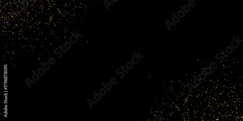 Gold glitter texture on a black background. Holiday background. Golden explosion of confetti. Golden grainy abstract texture on a black background. Design element