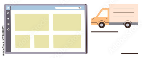 Browser window with grid layout and orange delivery truck moving in tandem. Ideal for logistics, shipping, e-commerce, online tracking, delivery service, supply chain, inventory management. Simple