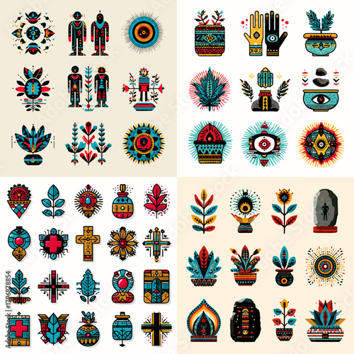 Tribal figures, plants, crosses, jars, and symbolic icons illustrated in colorful geometric patterns. Perfect for boho art, folklore themes, spiritual graphics, and decorative design.