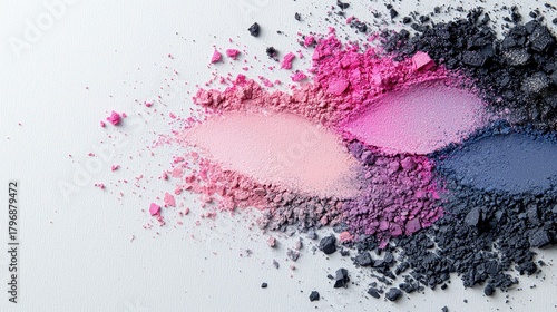 A vibrant explosion of crushed eyeshadow in shades of pink, purple, blue, and black artfully scattered across a white surface.