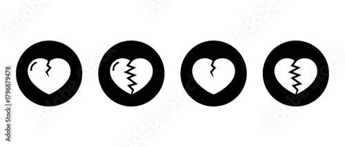Heartbreak and sadness icon in black circle. Cracked heart symbol. Love loss and emotional pain sign