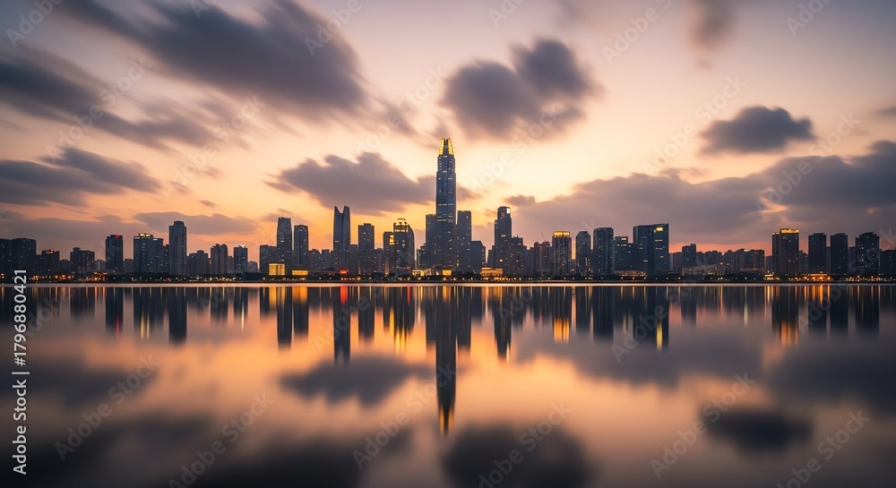 Obraz premium City skyline reflection on water at sunset