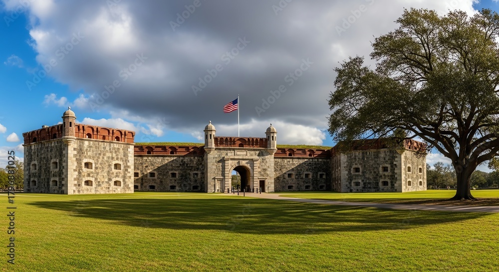 Fototapeta premium Fort San Marcos historic stone fortress under cloudy sky