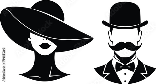 Woman in a wide brim hat with stylized lips and a man in a bowler hat with a curled mustache and bow tie, vintage retro style illustration