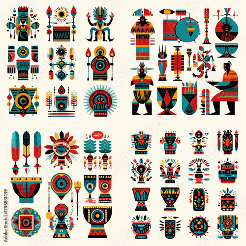 Tribal deity figures, warriors, ceremonial drums, weapons, and ritual symbols illustrated in bold geometric styles. Excellent for folklore themes, character art, and ethnic designs.