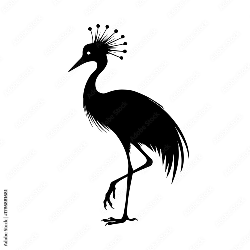 Fototapeta premium Black and white illustration featuring a Crowned Crane in striking simplicity. Crowned Crane silhouette displays its unique form with intricate details.