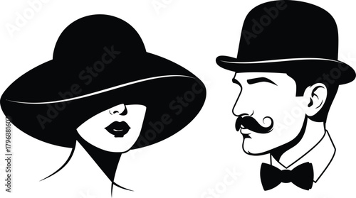 Woman in a wide brim hat with stylized lips and a man in a bowler hat with a curled mustache and bow tie, vintage retro style illustration