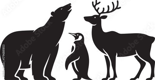Silhouette of polar bear penguin and reindeer animal vector illustration