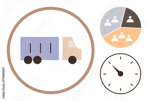 Delivery truck in circle, pie chart dividing groups, clock with hands. Ideal for logistics, distribution, teamwork, time management, efficiency organization planning. Modern flat simple flat
