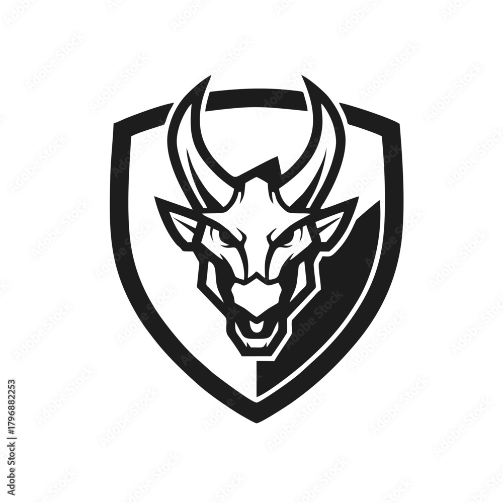 Obraz premium Horned Dragon Logo, Shield Emblem With Horned Dragon Head in Center