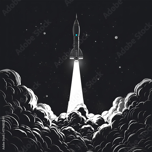 Black and White a Rocket Launch Illustration