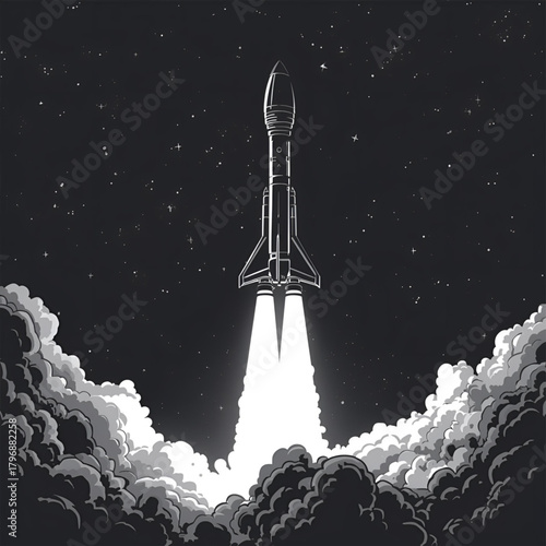 Black and White a Rocket Launch Illustration